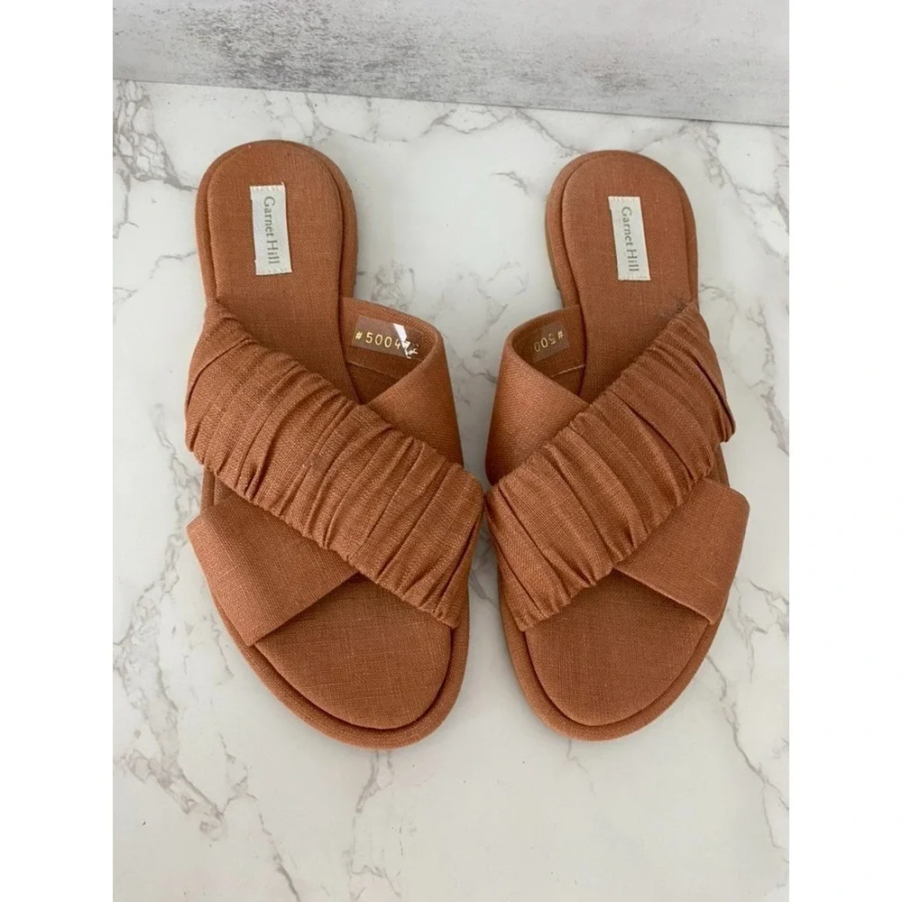 Garnet Hill Linen Crossover Slides Sandals Slippers Sz 37 (US 6.5) Resort Beach